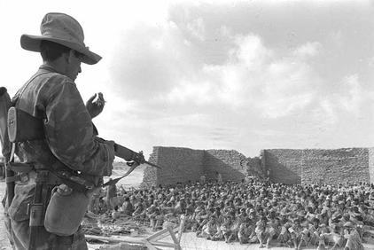 shabtai tal, gpo,  an israeli guard watching egyptian prisoners of war at el-arish, 7.6.1967